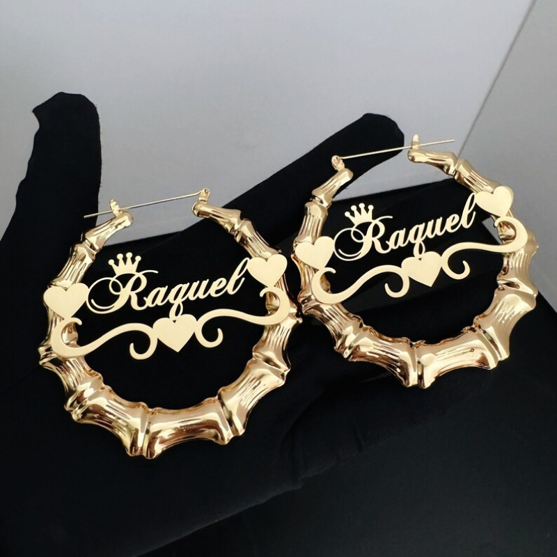 TEMU Custom Name Bamboo Earrings With Crown, Personalized Name Earrings With Heart, Customized Letter Earrings, Name Earrings, Bamboo Hoops, Handmade