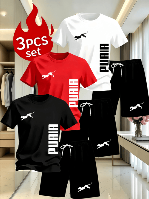 artikel foto 6-delige casual sportset voor heren met t-shirt en korte broek, gebreid polyesterweefsel, comfortabel en ademend, geschikt voor buiten joggen, hardlopen en fitness, met letterpatroonprint