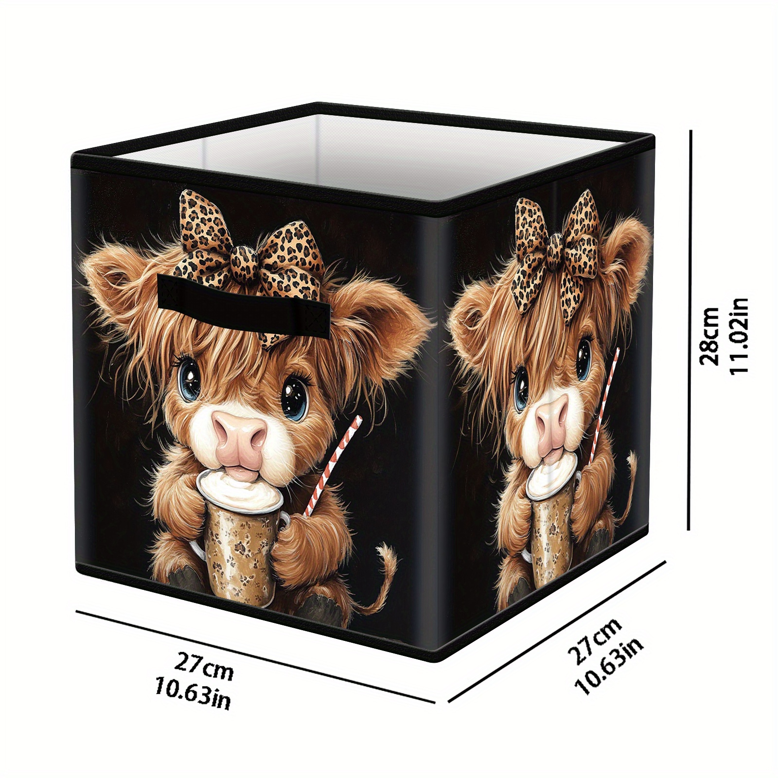 TEMU A Collapsible Storage Box For Closets, This Cube-shaped Basket Is Sturdy And Features Handles. Designed With A Highland Cow With A Leopard Print