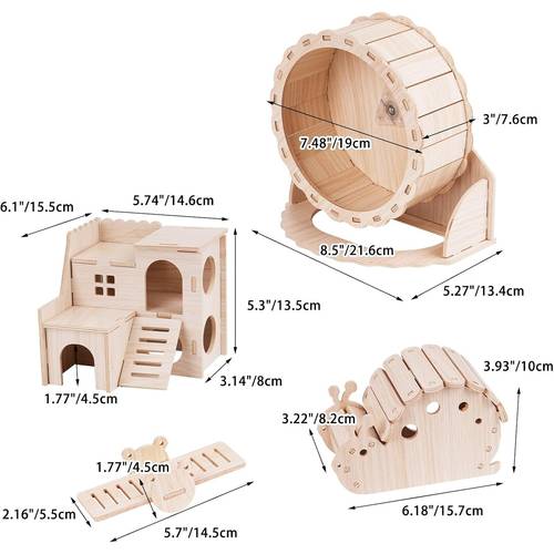 set of 4 hamster toys including a wooden house a quiet exercise wheel a and a snail shaped hideout hamsters and gerbils