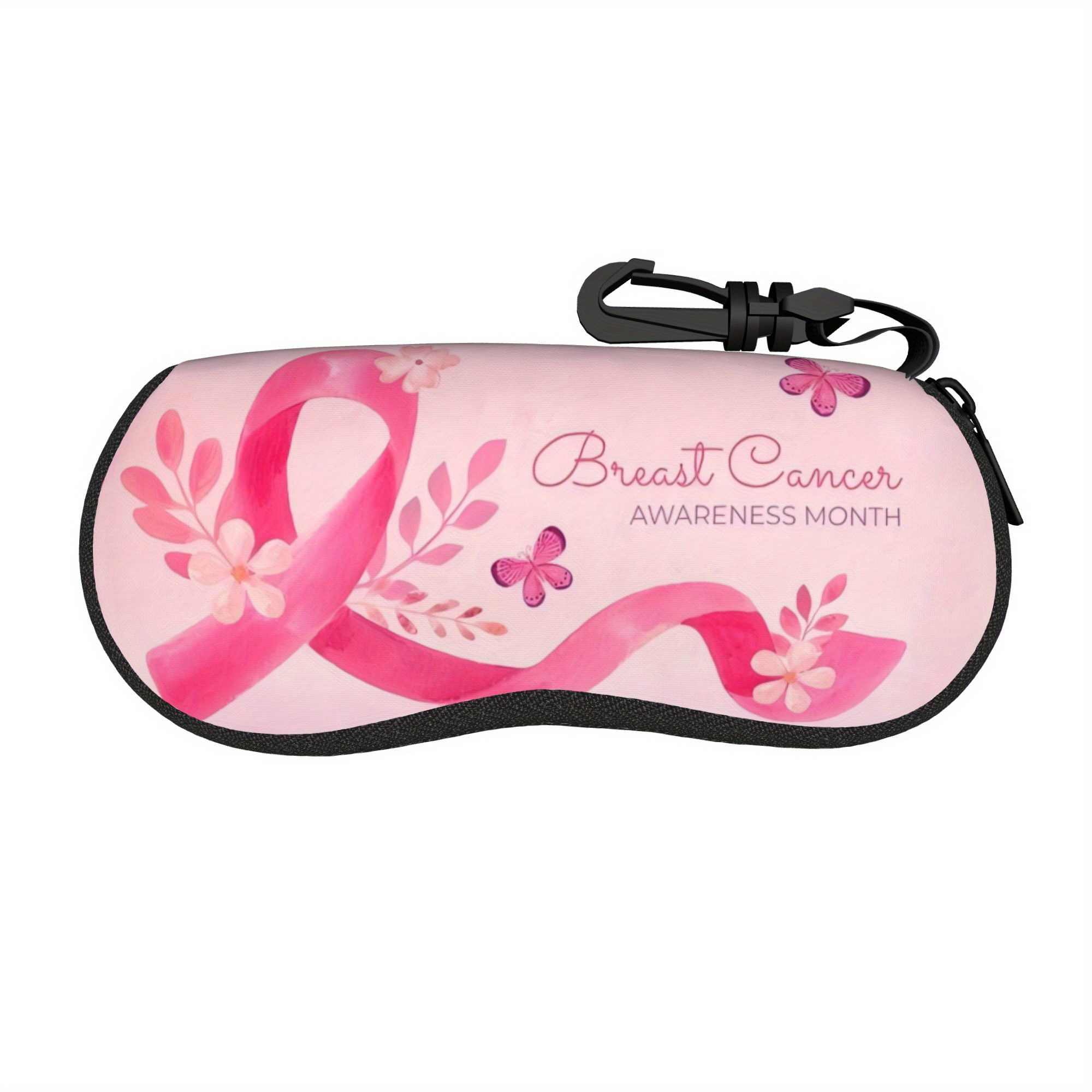 TEMU 1pc Breast Cancer Awareness Zippered Glasses Case Compatible For All Glasses Sizes - Lightweight Durable Eyewear Pouch With Ribbon (for &) -