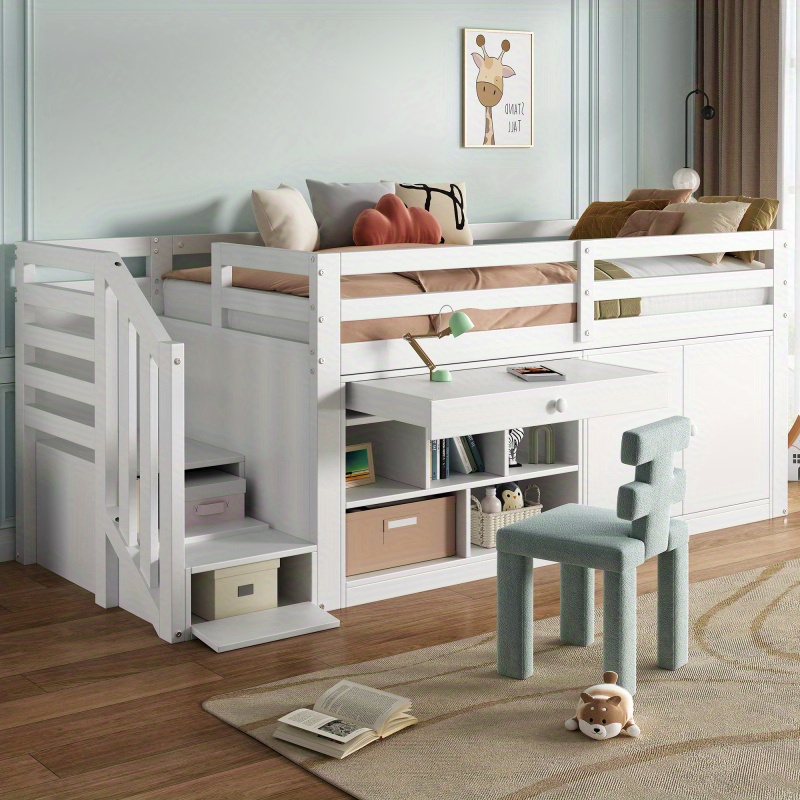 Multifunctional White Wooden 'S Bed with Stairs Storage Space and Reversible Drawers for Desk Use Left Right Interchangeable Design 90190 cm Without Mattress