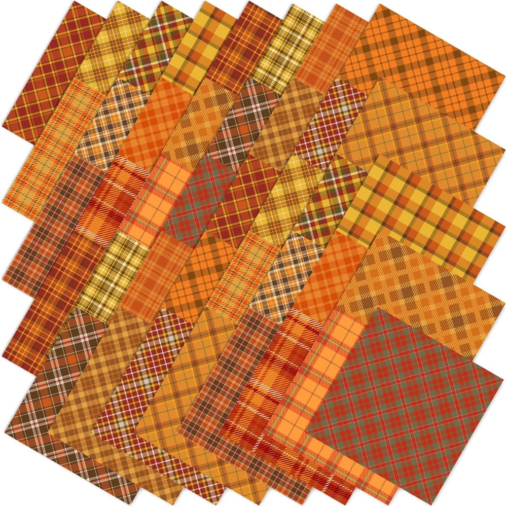 TEMU A Set Of 50pcs Of Autumn-themed Fabric Squares (10/10cm) In Orange And Yellow Buffalo Check, Perfect For Quilting, Thanksgiving Crafts, And Home