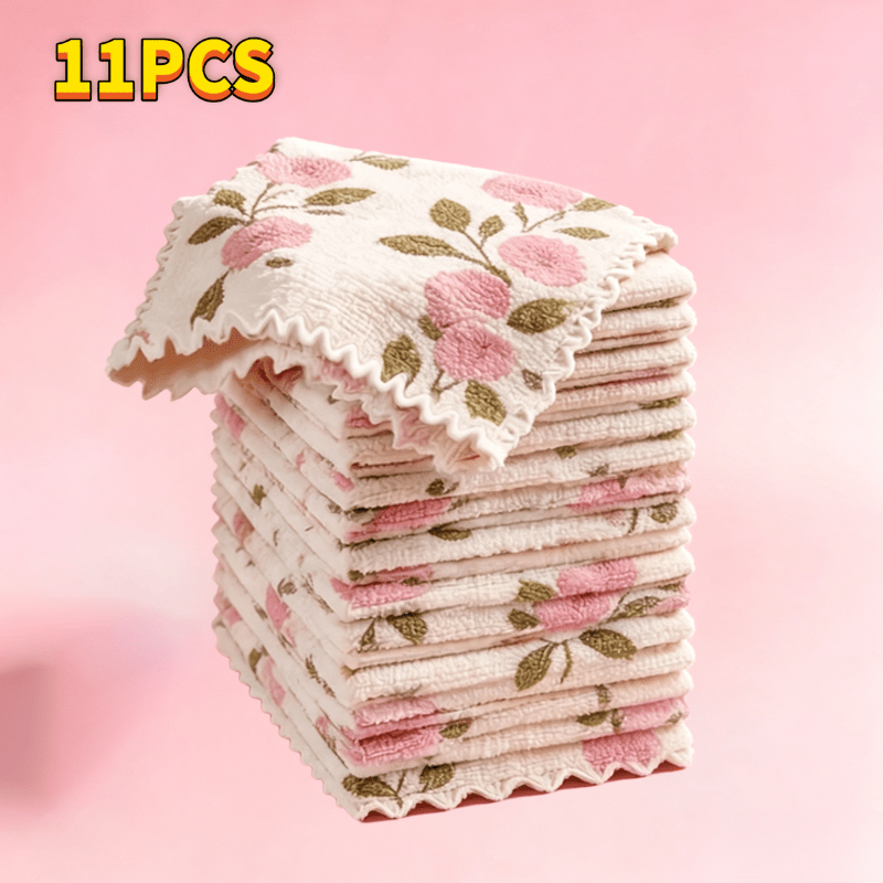 TEMU 11pcs Coral Cleaning Cloths, Super Absorbent Quick-drying , Reusable Cleaning Towels For Kitchen, Bathroom, Glass, And Car Washing, Coral Pink