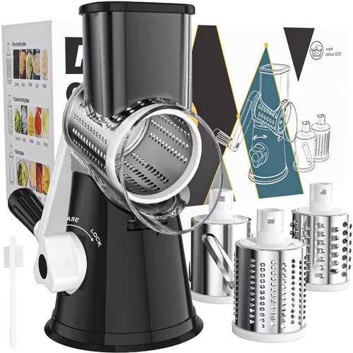hand cranked rotary cheese grater for shredding fresh cheese vegetables and nuts featuring a non slip suction base and a complimentary cleaning brush with three