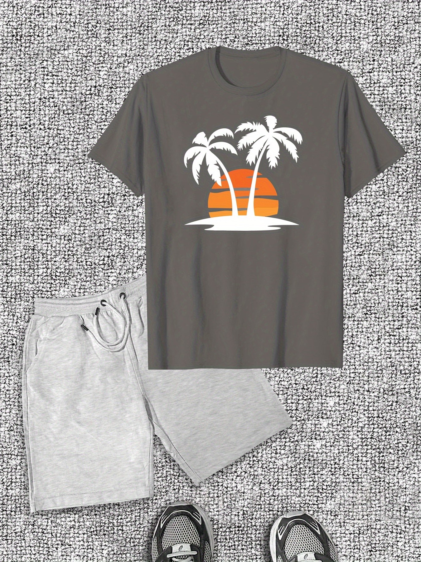Men'S Casual Summer Shorts and T-Shirt Set, Cotton Crew Neck with Tropical Palm Tree Print, Regular Fit, Slight Stretch Fabric - Ideal for Beach or Vacatio
