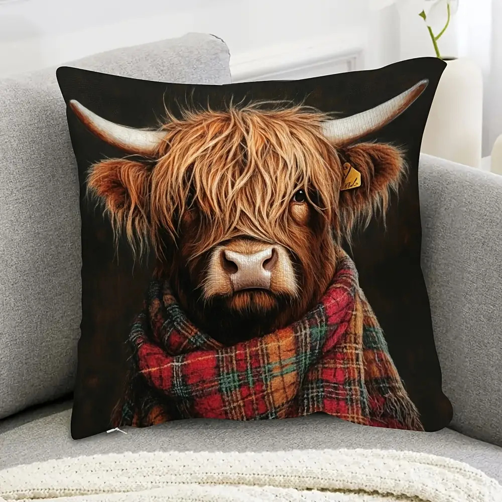 TEMU 1pc Scottish Highland Cow Pattern Pillowcase- Double-sided Design, Zipper Closure- For Living Room, Bedroom, Dormitory, And Office Decoration,