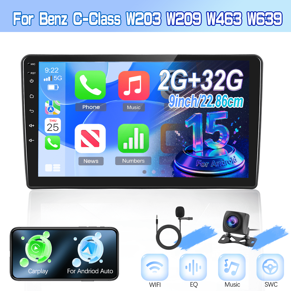 Image of For Benz W203 W209 W463 Viano W639 15 Car Radio(2g+32g) With 9 Inch Touchscreen, Features Integrated Canbus, /, Double Usb, Fm/rds Radio, Wireless 5.0, Wifi Download, Swc, And Reversing Input