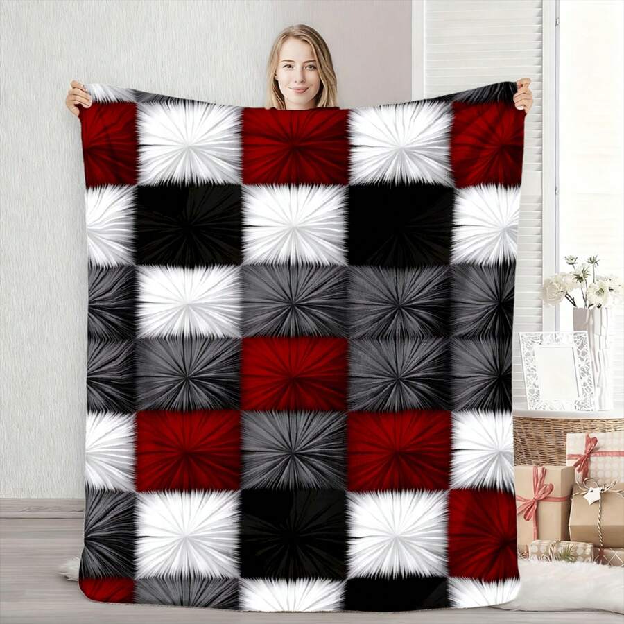 TEMU Extra Large Faux Fur Flannel Blanket, Red Black White Gray Plaid Pattern, Soft Comfortable Winter Warm Throw, Bed Cover, Suitable For Sofa, Bed,