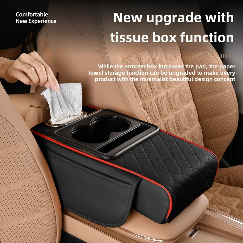 

1pc Luxury Pu Leather Car Armrest Cushion With Cup Holder And Box, Universal Console Armrest Pad With Storage Pockets, Comfortable Quilted Design For Vehicle Interior Accessories