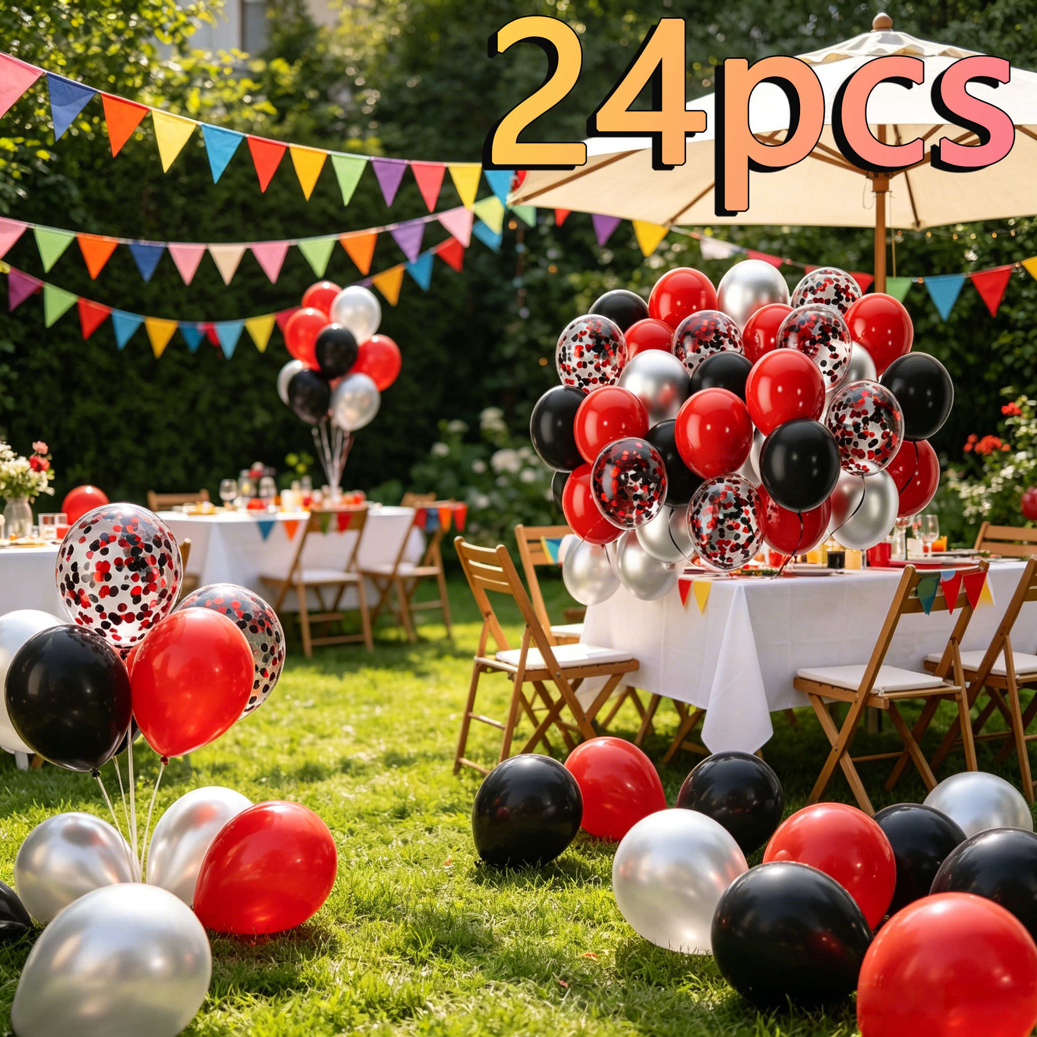 TEMU Photography Props 24pcs Red Balloons, 12/10inch Black Red Balloons Metallic Silver Balloons, With Red Balloons, For Photo Studio Posing Props