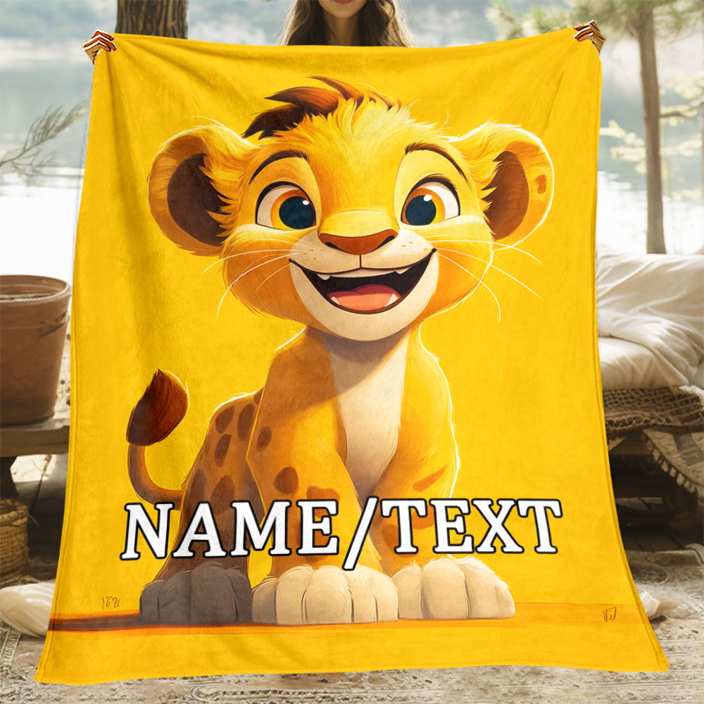 

1pc Personalized Cute Cartoon Lion Flannel Throw Blanket - Custom Name Lightweight Fleece Throw For Sofa, Bed, Travel, Office - Soft, Warm, And Polyester Fabric, Ideal Gift For