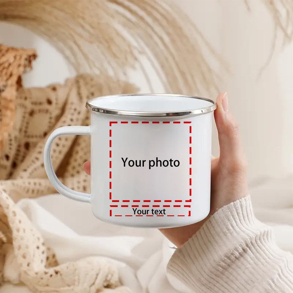 Custom Enamel Cup. Input Your Photos And Text. Durable And Sturdy, A 12-ounce Coffee, Juice Or Cold Drink Cup Suitable For Occasions. For