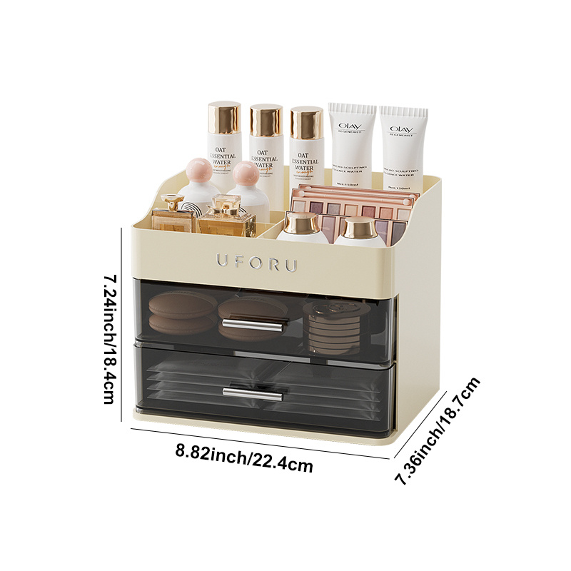 TEMU 1pc Uforu Cosmetic Storage Box With 2 Drawers, Multi Compartment Desktop Organizer, Suitable For Makeup & Stationery Pens, School Office Desktop