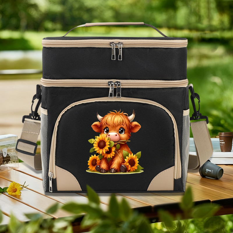 TEMU 1pc, Sunflower Cow Double Layer Insulated Lunch Bag, Reusable Portable Lunch Box With Side Pocket, Shoulder Carry, For Work, School, Picnic,