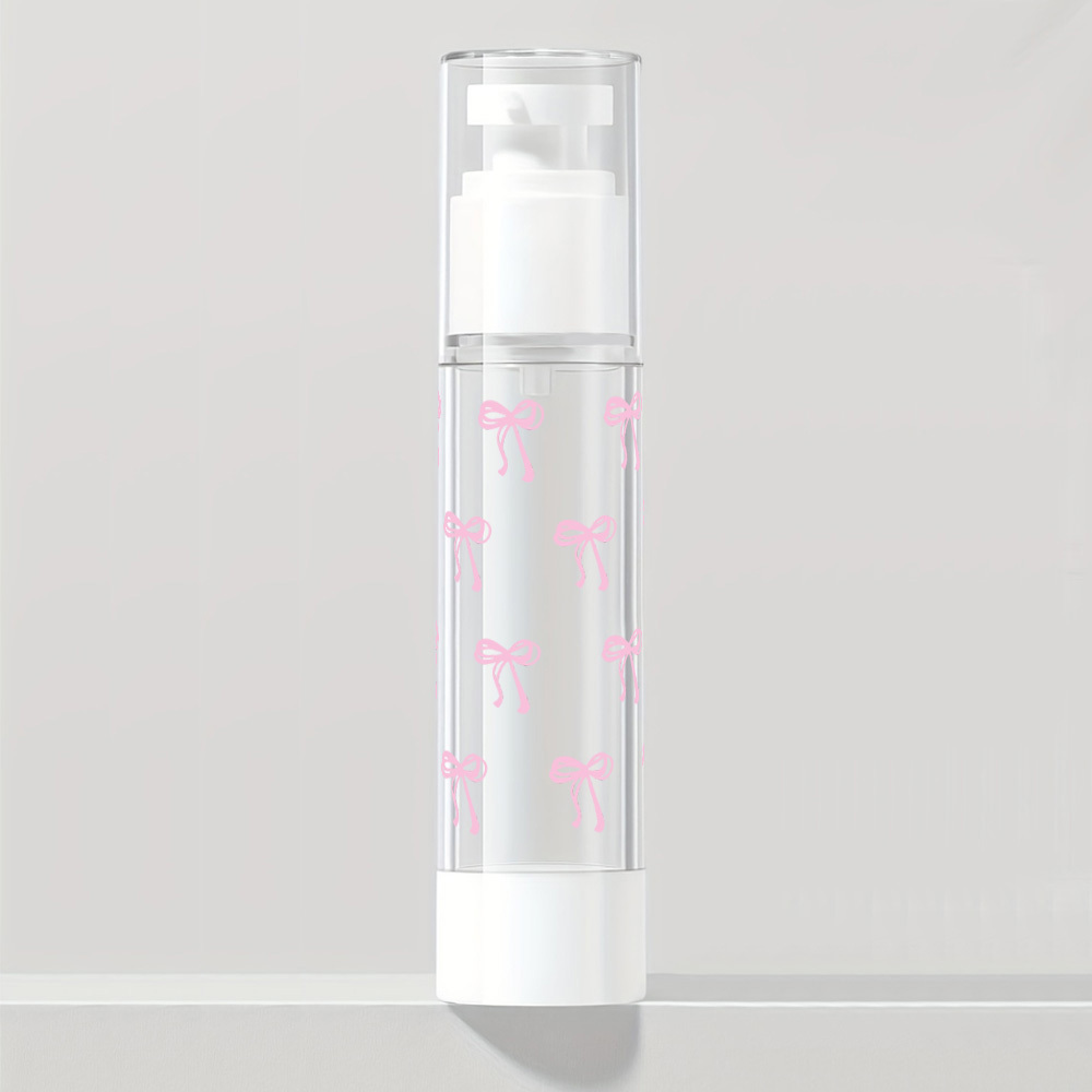 TEMU A Single Pink Bow-print Vacuum Pump Dispenser Bottle, Offering Precise With Each Press. Ideal For Storing And Dispensing Small Samples Of