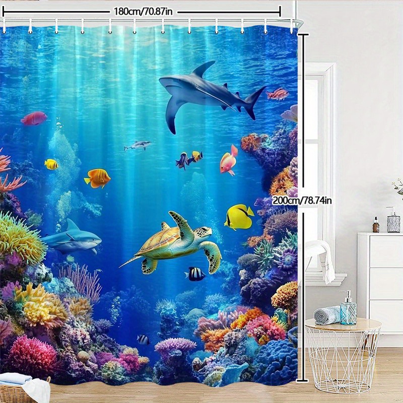 TEMU 1pc Shower Curtain - Bathroom Decor With Hooks, Sharks, Sea Turtles, , Coral - High Quality Bathroom Window Curtain, Machine Washable Polyester