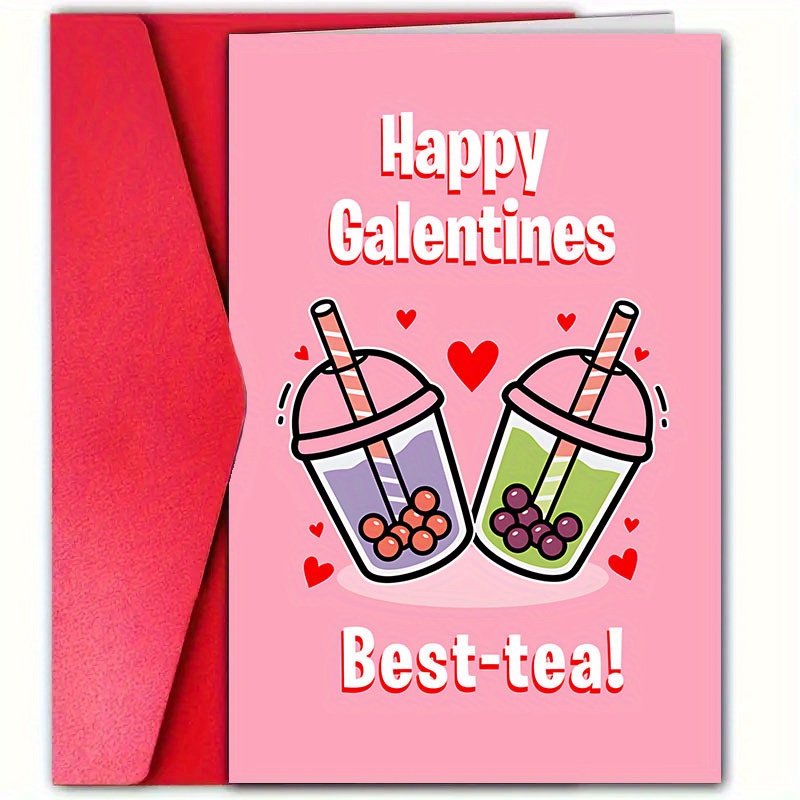 

1pc Galentine's Day Greeting Card With Envelope, 12cm*18cm - "happy Galentine's & Best-tea" Cups Design, Pink Background With - Ideal , Birthdays & Holidays