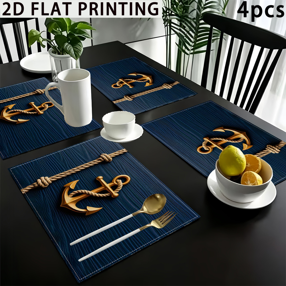 TEMU 4pcs Nautical Placemats Suitable For Dining Table With Anchor & , Rectangular Washable Polyester Table Mats, Navy Decor, Housewarming Gifts,