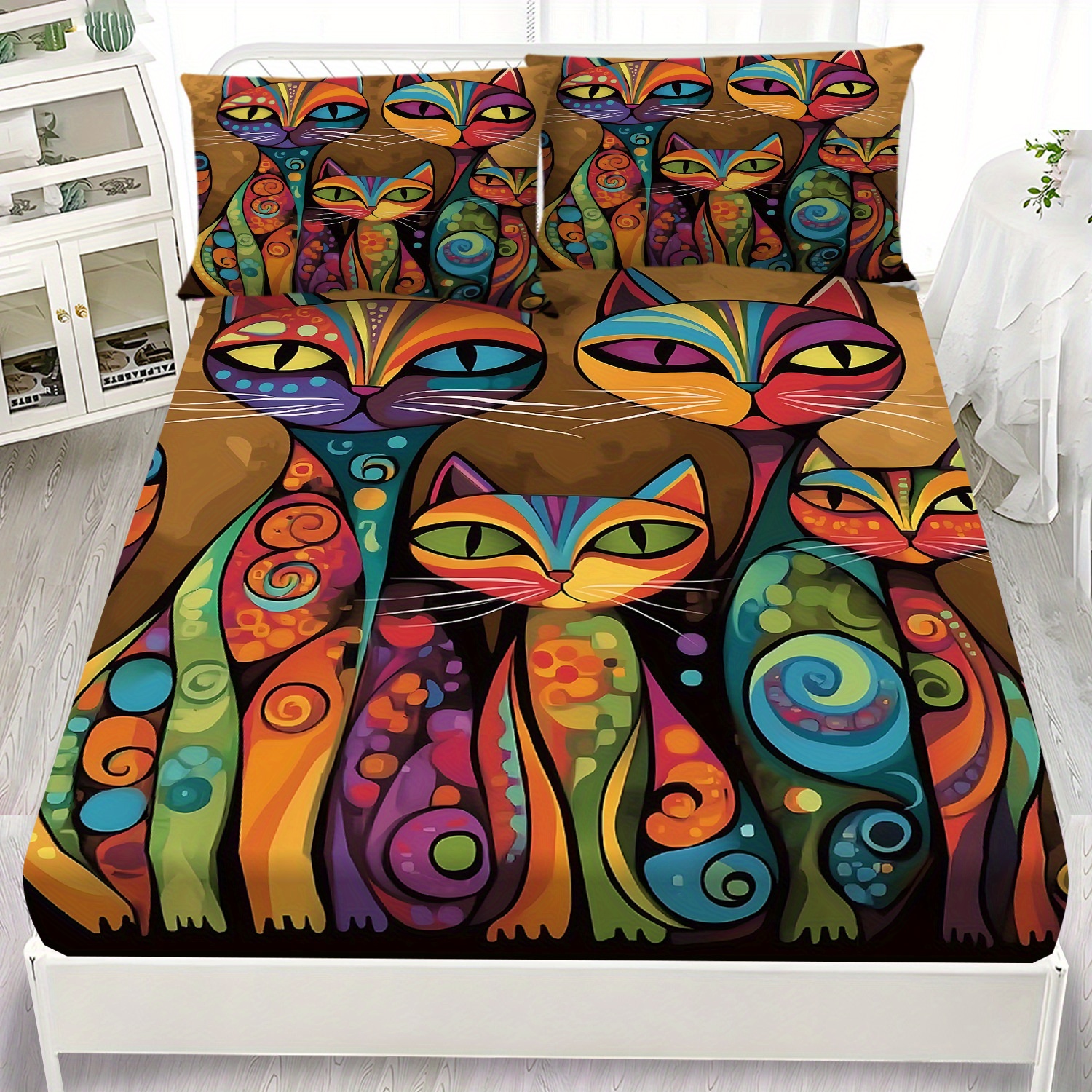 Latacaca 3pcs Colorful Cat Themed Fitted Sheet Set, 1 Fitted Sheet + 2 Pillowcases, Featuring Vibrant And Artistic Cat Patterns, Soft And Machine Washable