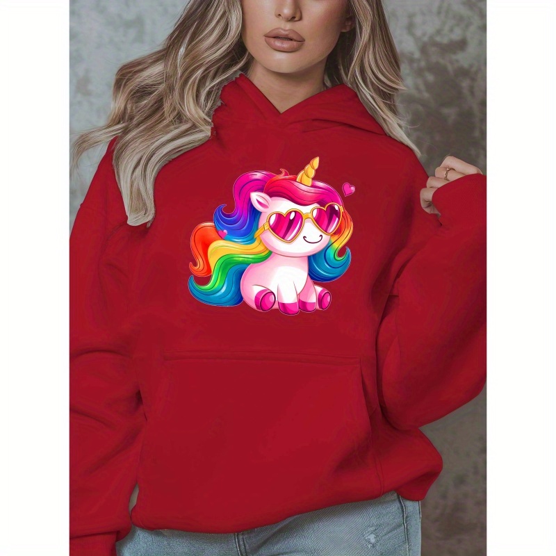 

Women's Plus Size Casual Hoodie With Rainbow Unicorn Print, Oversized Pullover Sweatshirt, 100% Polyester Knit Fabric, Stretch, Fall/winter Long-sleeved Top With Pockets