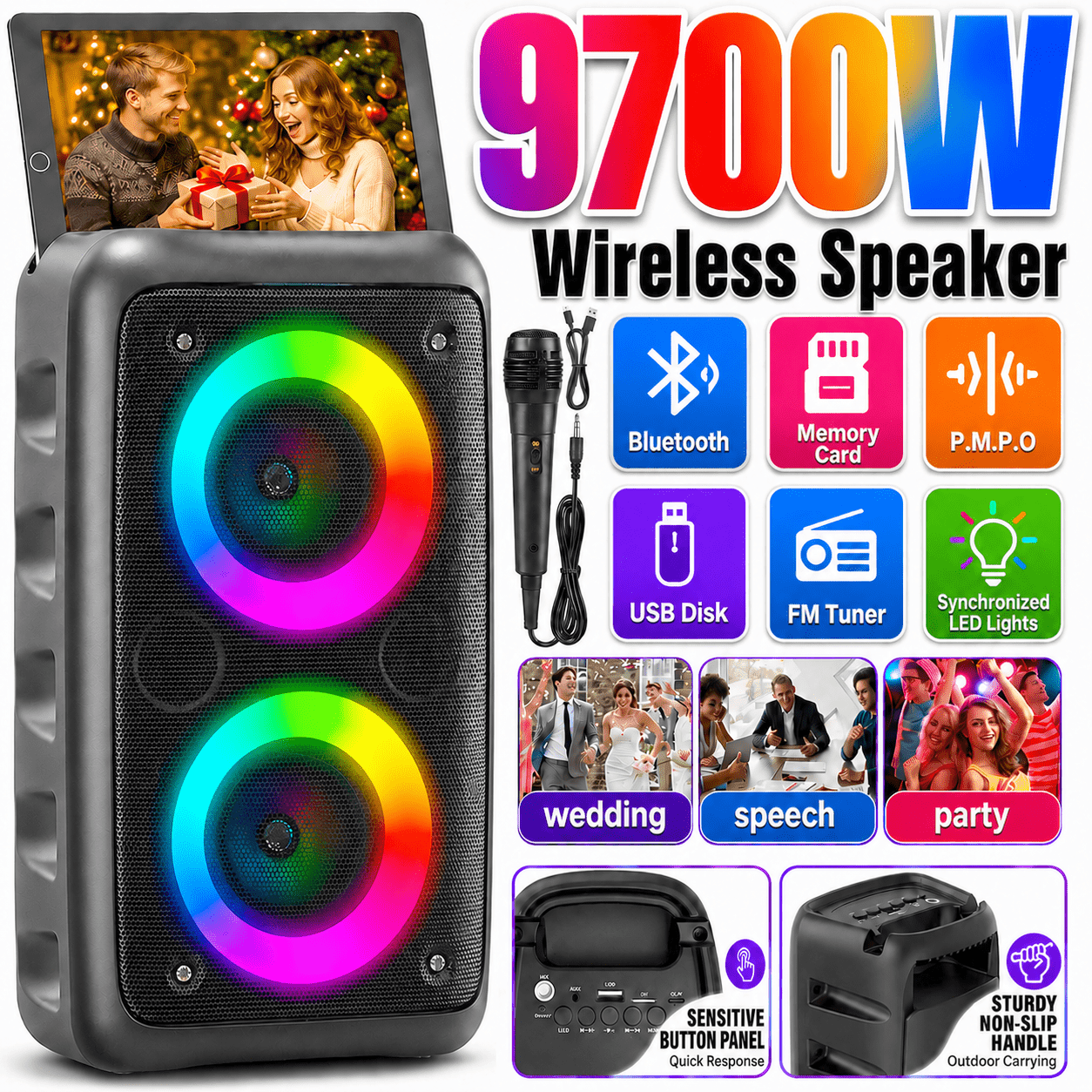 9700W Prenosni Brezžični Zvočnik, Brezžični 5.3 Visoko Zasnovan Zvok, Elegantna LED Svetlobna Predstava, TWS, FM, TF, USB, Kompakten Prenosni