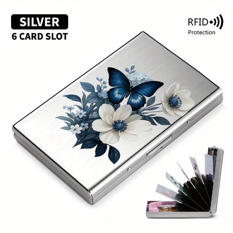 TEMU Blue White Flower Green Leaf Pattern Rfid Anti-theft Metal Card Holder, Pop-, Ultra-thin Dual Experience, Unisex Metal Card Protector, Storage,