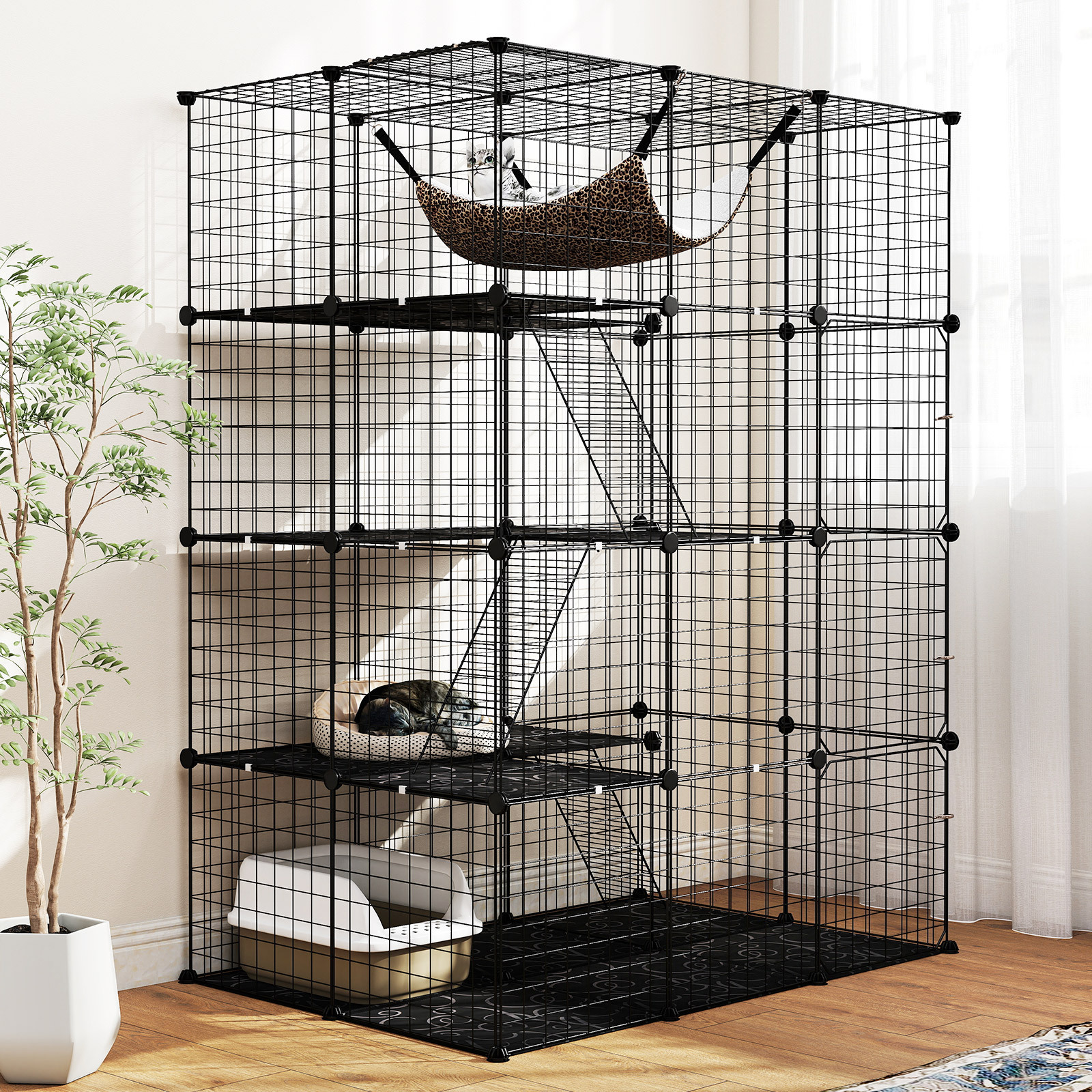 TEMU Lifezeal Cat Cage Indoor Cat Metal Wire Kennel W/ Skylight Hammock Ladders Platforms Lockable Doors Black