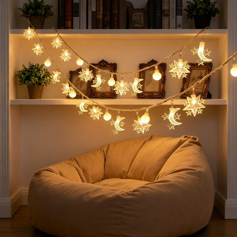 E-shop 10 Stück LED Lampe Perlen Ramadan Stern Mond Weiße Kugel Dekorative Lichterkette mit Batteriebox (Batterie Nicht Enthalten), Indoor Warmes Licht