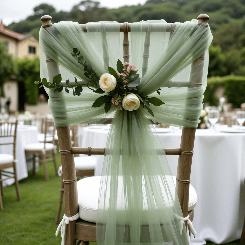 TEMU 6pcs Elegant Forest-themed Wedding Decoration Sage Green Sheer Tulle, Handmade Outdoor Arch Decor, Indoor Chair Back Background And Stair