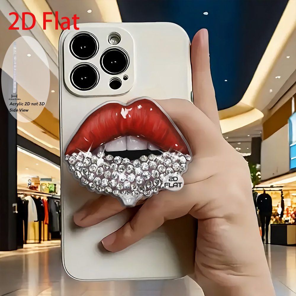 TEMU 2d Flat Fashion Red Lip Diamond-decorated Acrylic Retractable Phone Stand, Phone Stand