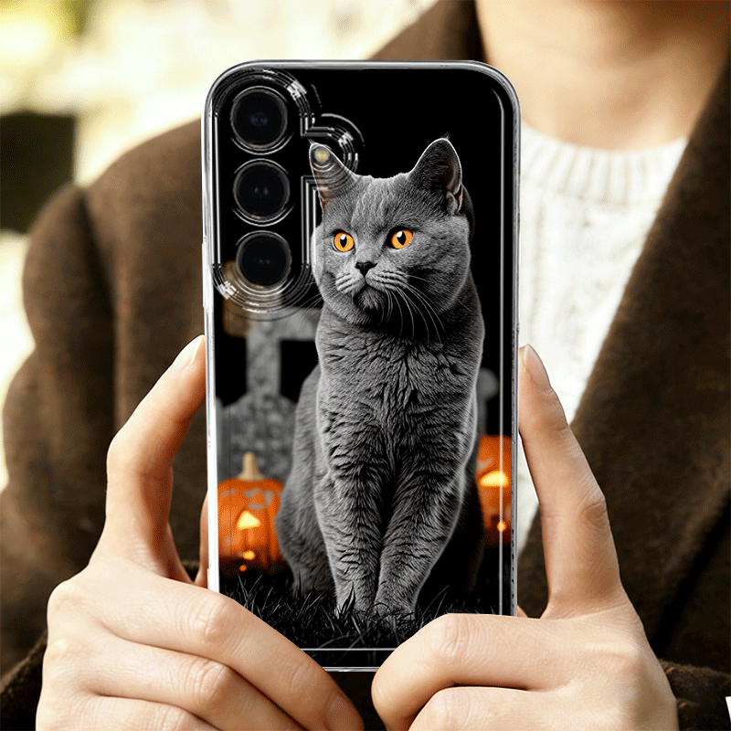 Husă Telefon - Husă Gri-Negru cu Pisicuță, Potrivită pentru Samsung Galaxy A05 A05S A06 A07 A12 A13 A14 A15 A16 5G A17 A21S A22 A23 A24 A25 A26 A32 A33 A34 A35 A36 A52 A53 A54 A55 A56 S21 Ultra S22 Plus S23+ S24 FE S25 Edge, Carcasă Telefon Mobil