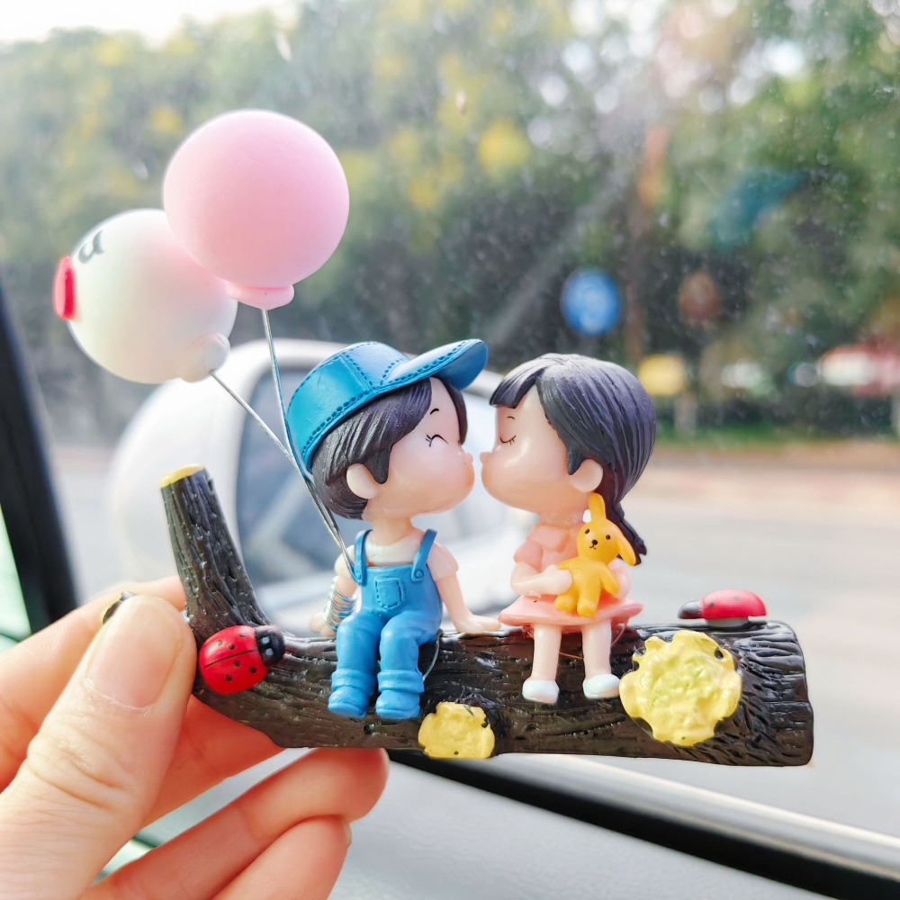 Image of Blue Couple And Heart Balloon And Tree Stump Ladybug 3pcs Set, Cute Resin Couple Decoration, Used For New Year Holiday Valentine's Day Birthday Gift, Car Dashboard Decoration