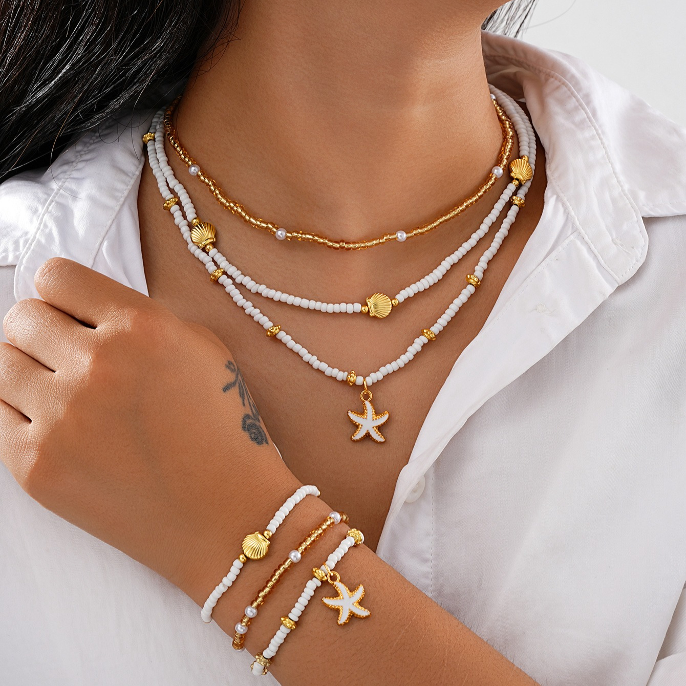 Image of 3 Necklaces + 3 Bracelets Bohemian Seed Bead Stacking Jewelry Set With Starfish And Scallop Elements, For Daily Wear, Vacations, And Parties, Holiday Gift
