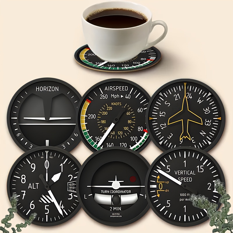 E-shop Set mit 6 bezaubernden Untersetzer mit Auto- und Flugzeug-Instrumenten-Drucken - Runde, hitzebeständige und rutschfeste Getränkeunterlagen,