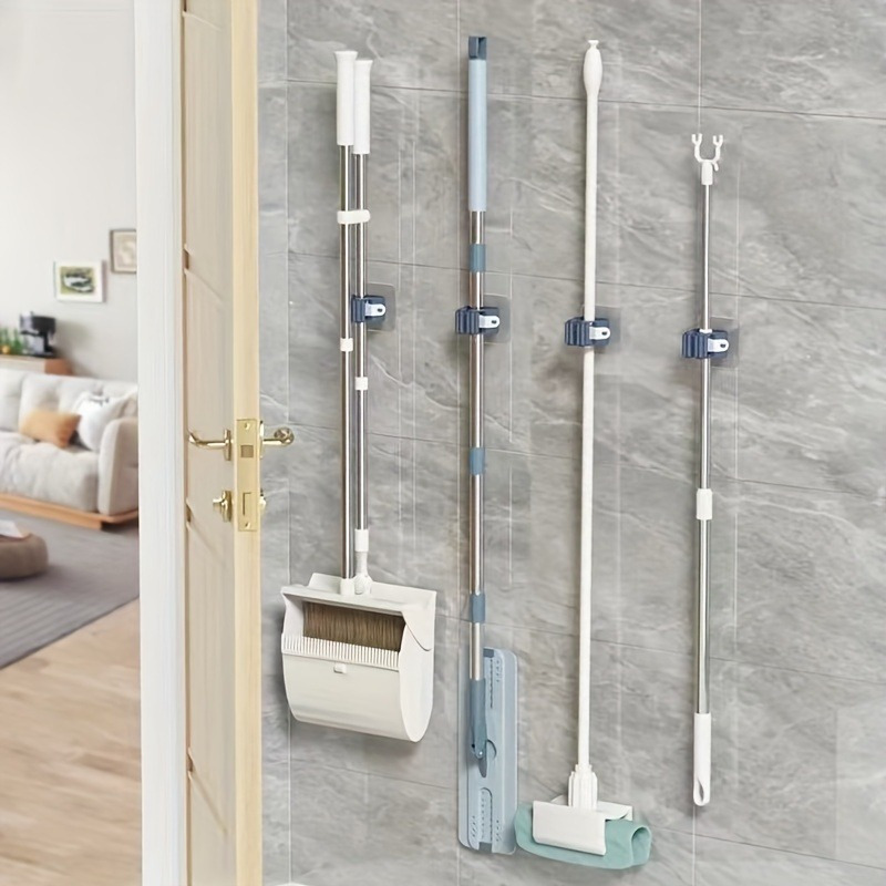 

4pcs Easy-install Mop & Broom Holder - No-drill, Wall-mounted Storage Rack For Kitchen And Bathroom, Punch-free Mop Clip