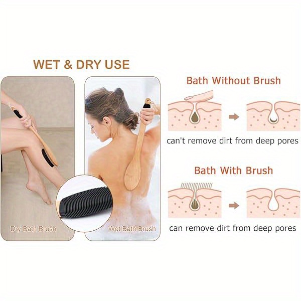 natural   bath brush with wooden curved long handle 17 2 inch   shower scrubber for exfoliating deep cleanse back body wet dry use alcohol free no battery needed   for   reach areas shower brush body scrubbing tool ergonomic handle durable scrubber Product details 1
