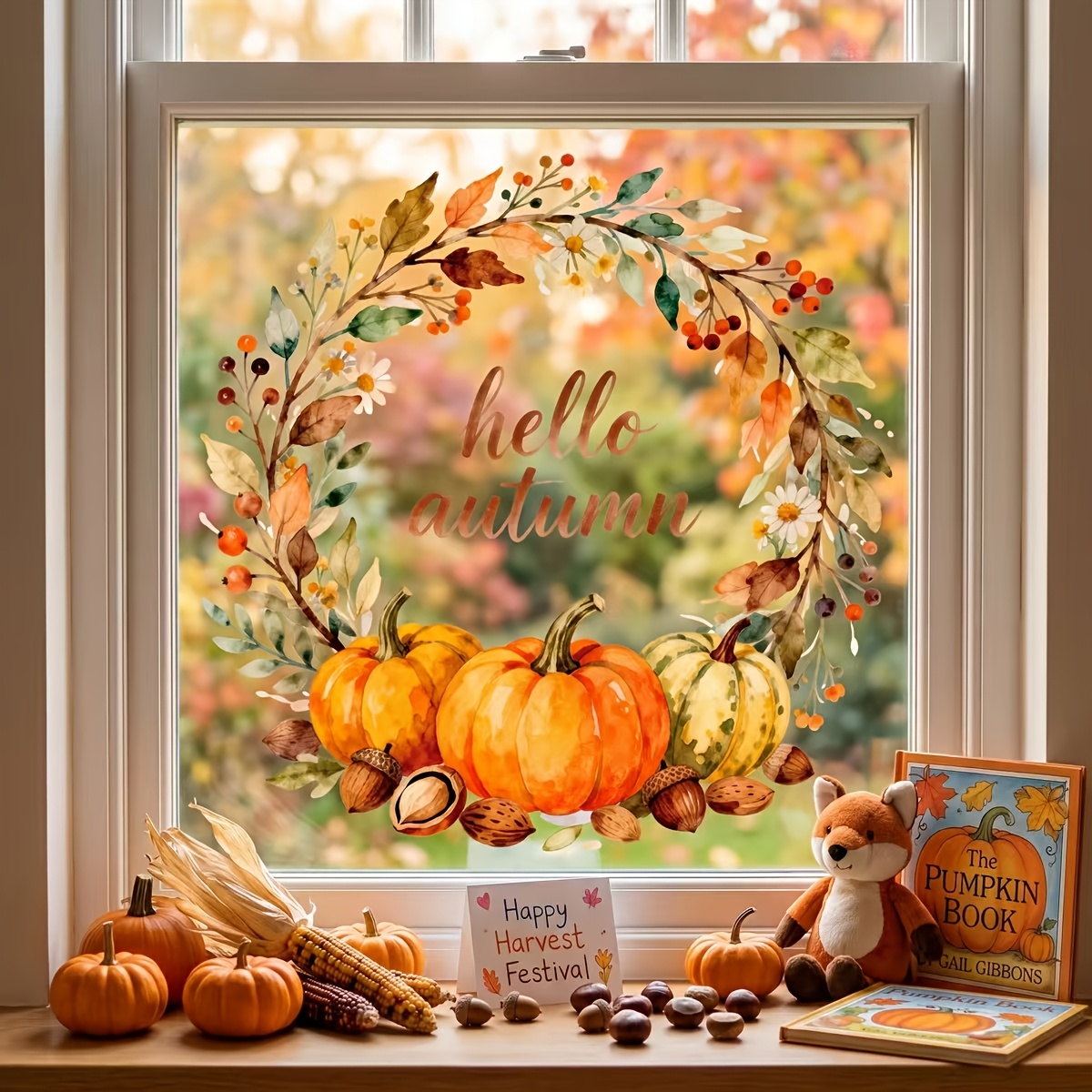 TEMU 1pc Autumn Pumpkin Wreath Window Cling, No-glue Static Glass Sticker, Autumn Thanksgiving Holiday Decor Window Cling, Festive Atmosphere Autumn