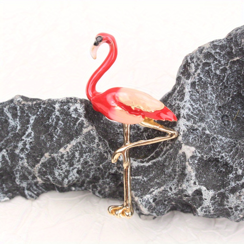 TEMU A Sweet Romantic Brooch — Flamingo Design, Red Enamel, Golden- Metal. Perfect For Cute Outfits: Tulle Dresses, Lace Blouses, Mary Jane Shoes. At