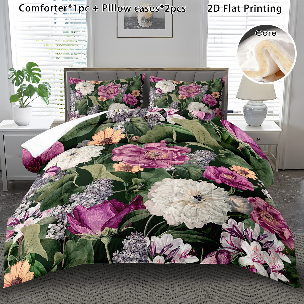 TEMU 3pcs Comforter Set For Winter Floral Botanical Comforter Set Cartoon Boho Soft Bedding Halloween Gift Quilt Cute Christmas Room Decor Autumn