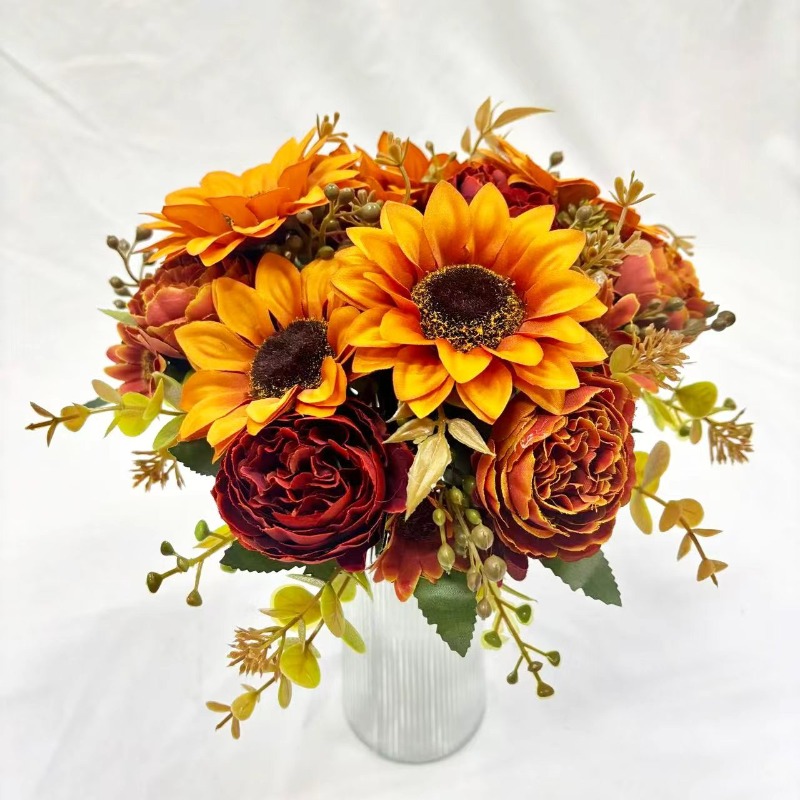 Set mit 2 künstlichen Sonnenblumen für die Wohnungsdekoration * für * Erntedankfest im europäischen Stil. Dieses simulierten Blumenstrauß, zusammen mit Pfingstrosen, ist ideal für die Frühlings- und
