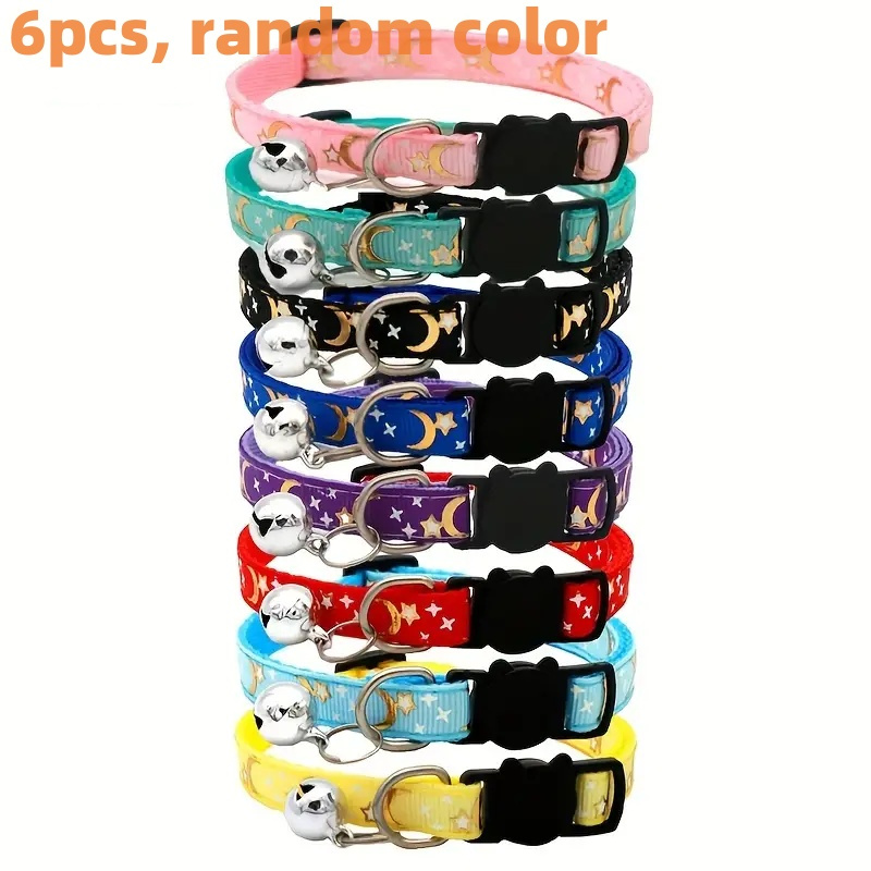 

6pcs Adjustable Cat Collars With Safety & Bell - Cute Cartoon Print, Polyester Kitten Necklaces In Assorted Colors, Breakaway Cat Collar, Random Colors