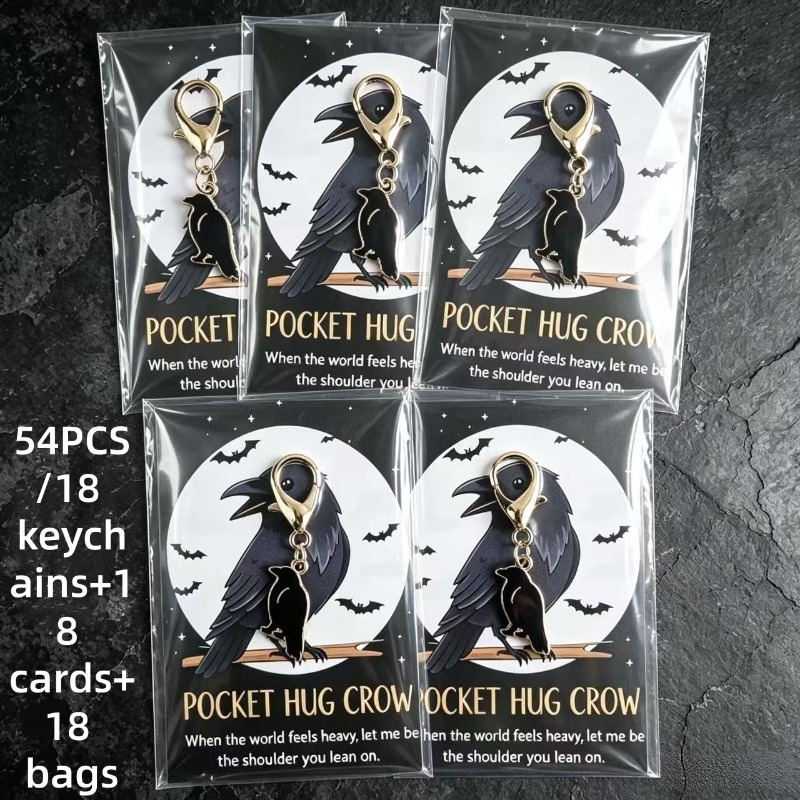 TEMU 54pcs Gothic Style Black Halloween Crow Keychain Decoration Bag, Gift For , Holiday Gift, Halloween Gift, Including 18 Keychains, 18 Cards, And