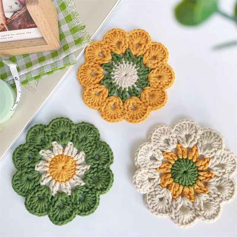 

3pcs Handmade Crochet Flower Coasters, Decorative Fabric Heat Insulation Mats, Small Floral Trivets For Table Protection, Made With Crochet Technique