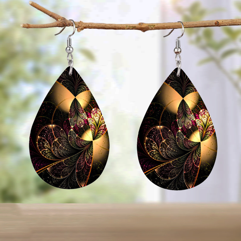 Retro Golden Brown Flower Pattern Faux Leather Earrings