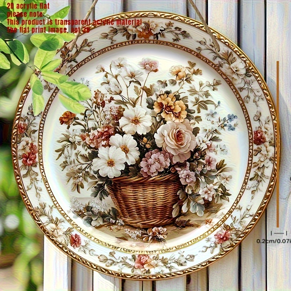 TEMU 2d Flat - 2d Flat - Retro Floral Round Wooden Wall Decor (8x8 Inches) - Featuring White Flowers And Green Leaves, This Elegant 2d Decorative Is