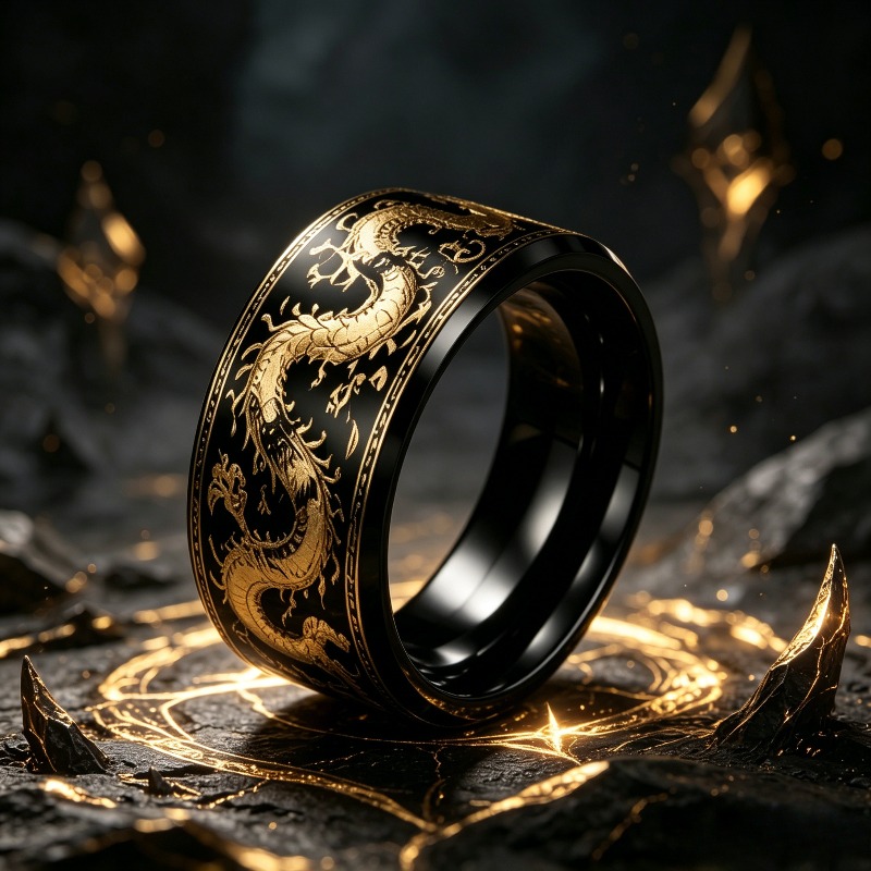 Stainless Steel Stainless Steel-plated Dragon Pattern Ring, Premium Oriental , Ring Band + Gilded Vintage Dragon Pattern Texture, European And Niche Ring, Daily Commuting And Gift