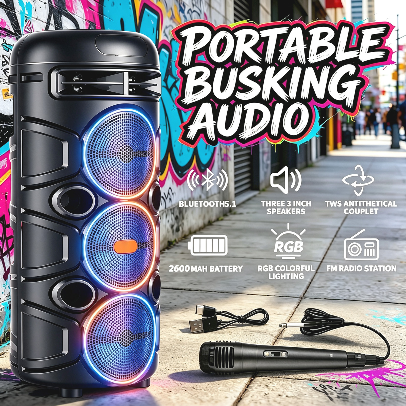 - Wireless Speaker With Led Lighting Effects And Wired Microphone; Rechargeable Wireless Speaker Supporting Aux, Usb, And Fm - Ideal For Parties, Outdoor Use, And Holiday Gifts