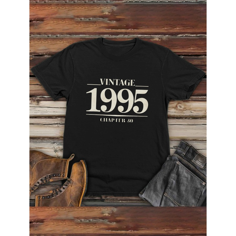 

1pc Vintage 1995 30 Men's Casual T-shirt, Polyester Knit, Short Sleeve Crew Neck, With Printed Design, For Outdoor Wear