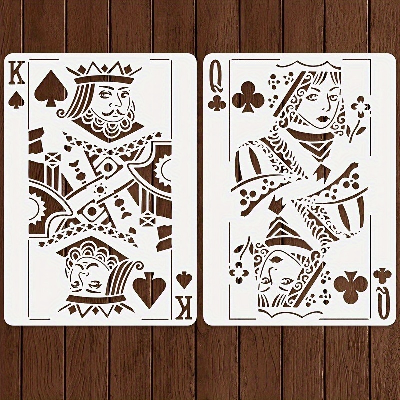 Image of 2pcs Large Retro Style Royalty And Suit Poker Card Stencils, Reusable Ivory Plastic Templates, Suitable For Crafts, Used For Painting On Wood, Walls, Fabrics And Furniture, Reusable Craft Stencils